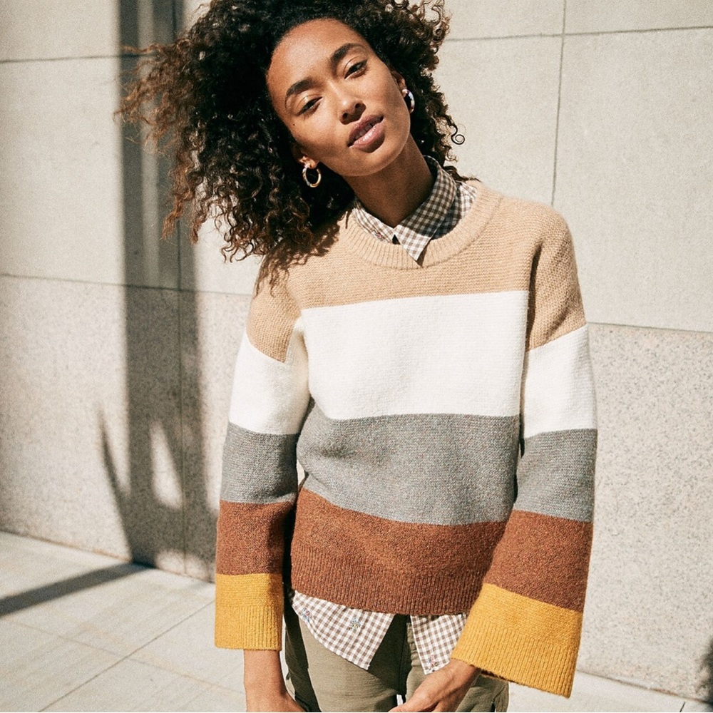 Madewell Andria Pullover Sweater in Coziest Yarn Striped Heather Honey Small